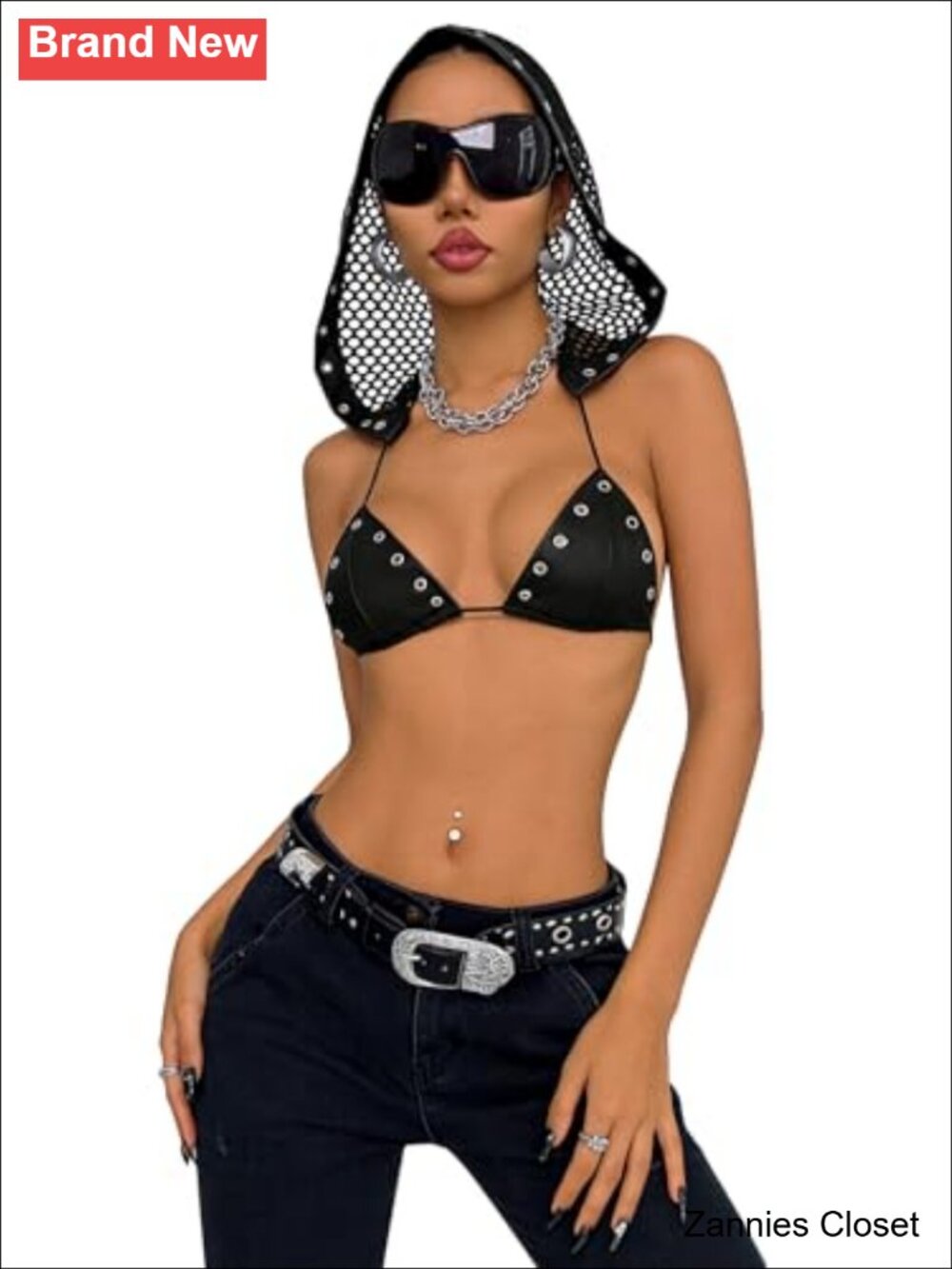 ✨ SHENHE PU Leather Y2k Triangle Halter Hooded Micro Sexy Crop Top
